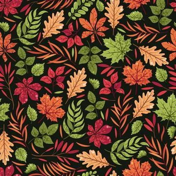 Autumn Leaves Seamless Pattern Flat Vector. Oak, Maple, Chestnut Foliage with 스톡 일러스트