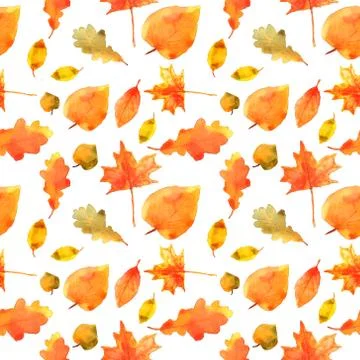 Autumn leaves seamless pattern. Hand drawn watercolor painting. Colorful leav Stock Illustration