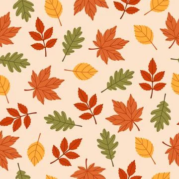 Autumn Leaves Seamless Pattern Hand Drawn Flat Style Background Stock Illustration