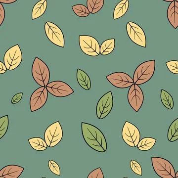 Autumn leaves. Seamless pattern. Oval-shaped herbarium leaves. Green backgr.. イラスト素材