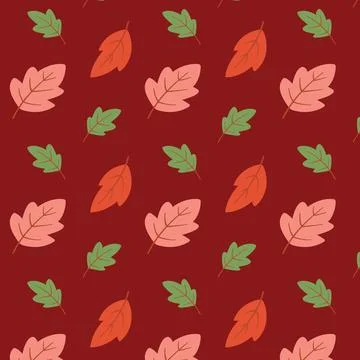 Autumn leaves seamless pattern on red background Stock Illustration