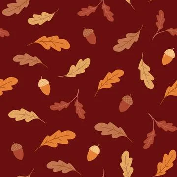 Autumn Leaves Seamless Pattern Vector: Oak Leaves, Acorns on Maroon Background Stockillustratie
