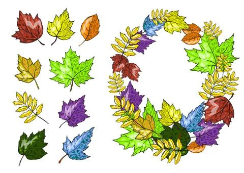 Autumn leaves set vector hand drawn illustration Stock Illustration