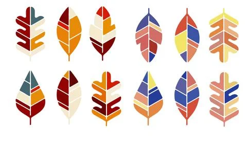 Autumn leaves vector set featuring geometric patterns and warm seasonal colors Stock Illustration