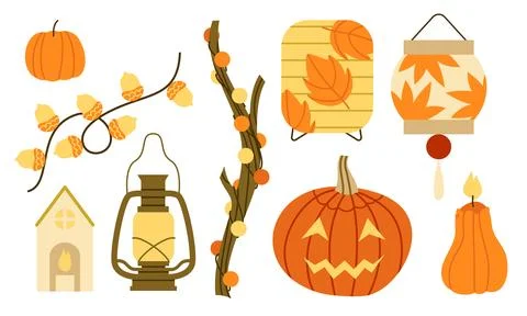 Autumn Light Vector Set Flat Geometric Pumpkin Lantern Candle Collection Illustrazione stock