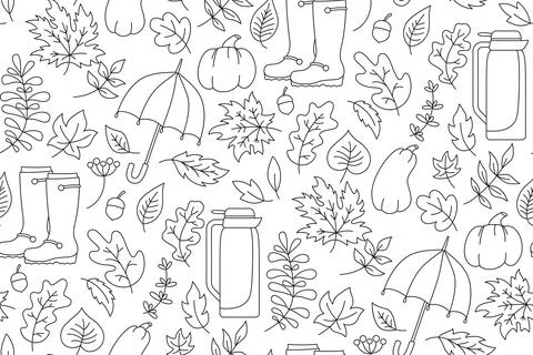 Autumn line seamless pattern leaves umbrella vector Stock Illustration
