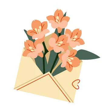Autumn Mail Vector Illustration Flat Geometric Envelope Flowers Bouquet Isolated Stock Illustration