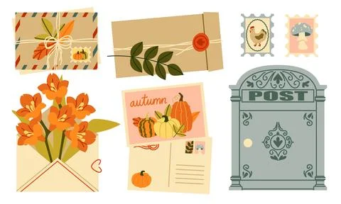 Autumn Mail Vector Set Flat Geometric Envelope Postbox Card Collection Stock Illustration