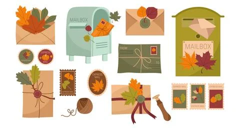 Autumn mail vector set with mailboxes envelopes stamps and fall leaves 库存插图