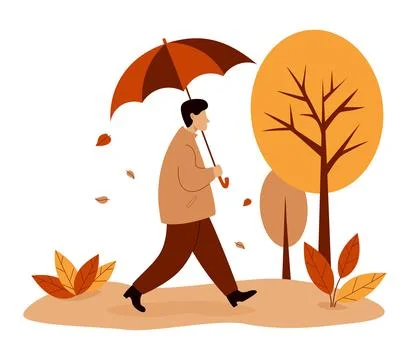 Autumn Man with umbrella under falling leaves in fall park. Autumnal landsc.. Stock Illustration