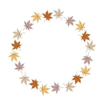 Autumn Maple Leaf Wreath in Warm Fall Colors Hand Drawn Circle Frame for Stock Illustration