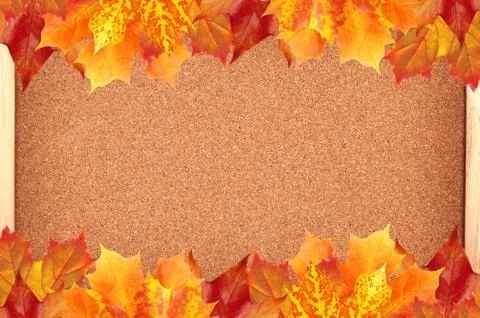 Autumn maple leaves over cork board background Foto stock