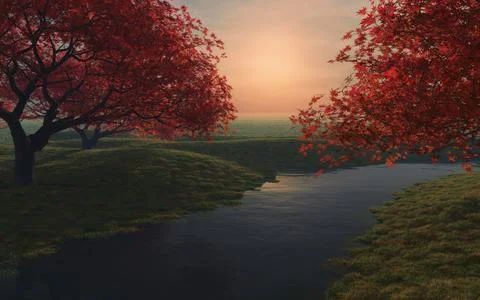 Autumn Maple Trees by River at Sunset Stock Illustration
