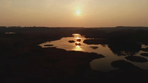 Autumn Marsh, Sunset Over the River, Reflected in the Water, Fog Stock Footage 97997802