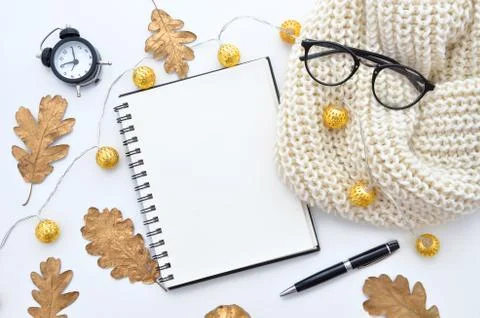 Autumn Mockup. Empty notebook, oak and maple leaves Autumn season. Autumn time Stock Photos