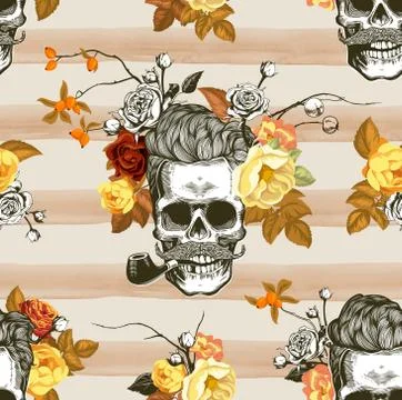 Autumn mood. Seamless pattern with the skulls, flowers and leaves. Stock Illustration