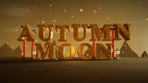 Autumn Moon Temple Bronze 3D Letters with a Torii Gate and Falling Maple Leaves Stockbeeldmateriaal 343721091