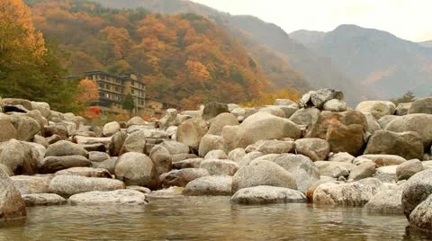 Autumn. Mountain hotel on the river. Stock Footage