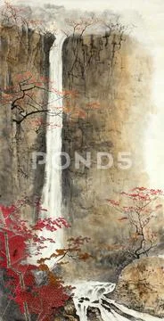 Autumn mountains waterfall and trees Stock Illustration