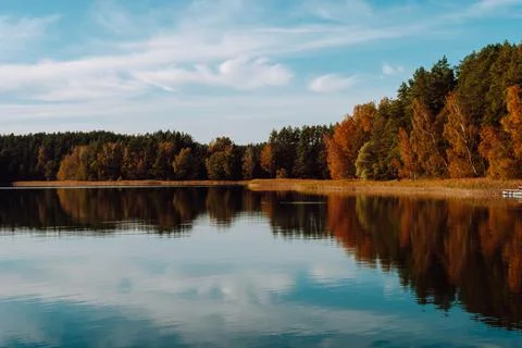 Autumn multi-colored mixed forest and sky with clouds is reflected in the Stock Photos