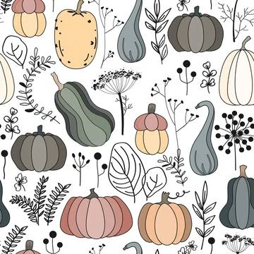 Autumn natural seamless pattern with linear leaves and herbs silhouettes, and Stock Illustration