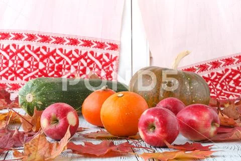 Autumn nature concept. Fall fruit and vegetables on wood. Thanksgiving dinner Stock Photos