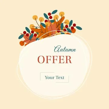 Autumn Offer post template on abstract shape with Autumn leaves bouquet and Stock Illustration