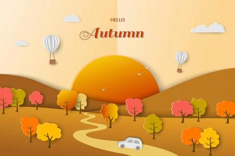 Autumn or fall landscape background on paper art style with colorful trees an Stock Illustration