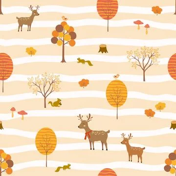 Autumn or Fall seamless pattern with cute animals in the forest.Kids textur.. Stock Illustration
