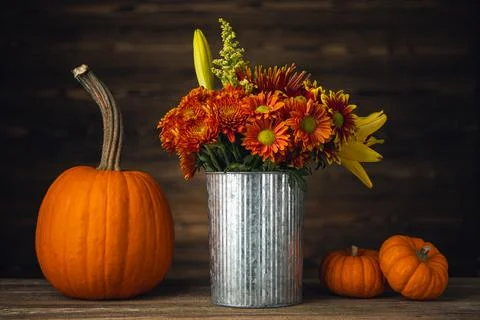 Autumn or Fall still life. Pumpkin and bouquet of flowers Stock Photos