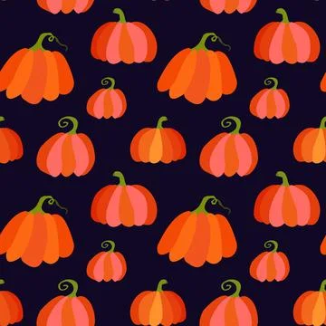 Autumn orange pumpkins pattern on dark background Stock Illustration