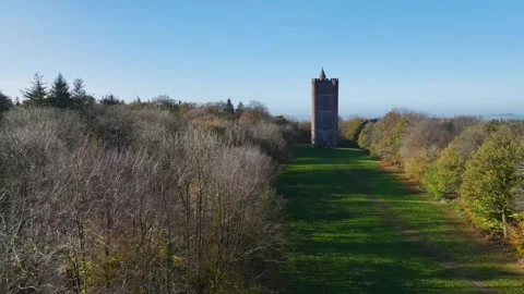 Autumn over Alfred's Tower from a drone, Stourhead, Somerset, England Video stock 292364439