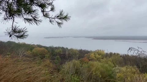 Autumn panorama of the Dnipro River, from the cliffs in rainy weather Stock Footage 255703522