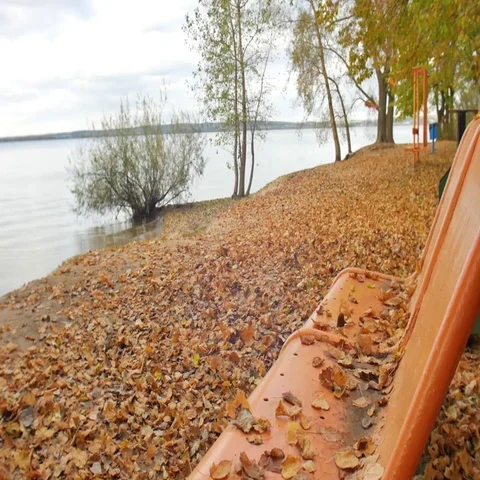Autumn park The leaves fall on the bench side of the great lakes and slow 스톡 동영상 69403938