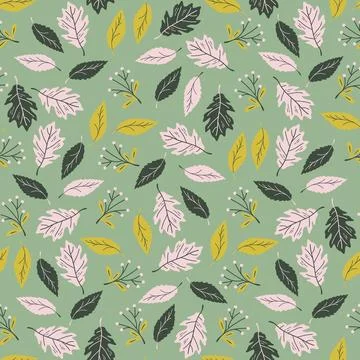 Autumn park seamless pattern on sage green backdrop Illustrazione stock