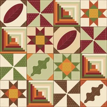 Autumn patchwork quilt block seamless pattern Ilustração Stock