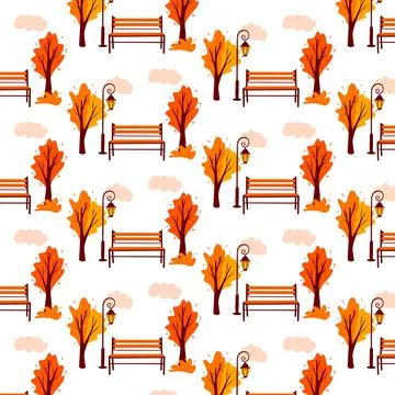 Autumn pattern. Autumn landscape. Background. City Park. Park bench, lantern. Ilustração Stock