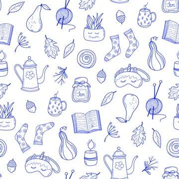 Autumn pattern blue color. Hand drawn vintage doodle drawing. Stock Illustration