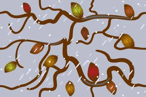 Autumn pattern, branch and falling leaves in the rain Stock Illustration