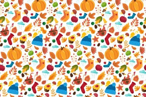 Autumn pattern with cute fall symbols ornament Stock Illustration