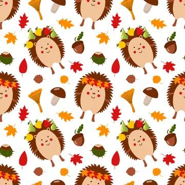 Autumn pattern with cute hedgehogs Stock Illustration