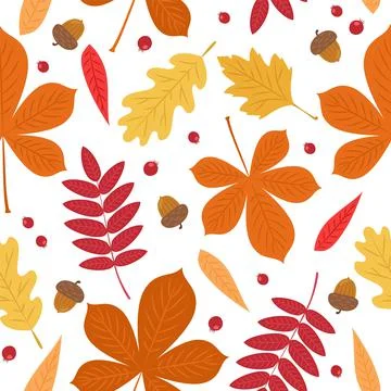 Autumn pattern with cute leaves, berries and acorns. Seamless background, vector Ilustración de archivo