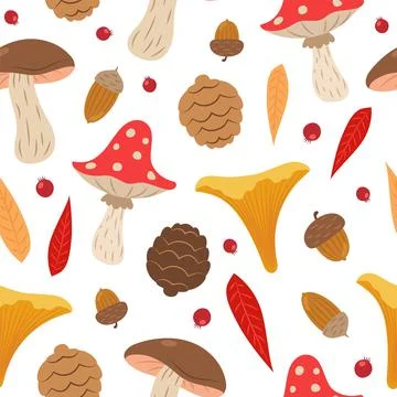 Autumn pattern with cute mushrooms, conifer cones and acorns. Seamless Stock Illustration