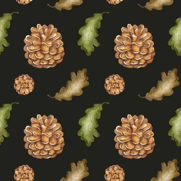 Autumn pattern design featuring pinecones and oak leaves on a dark background Stock Illustration