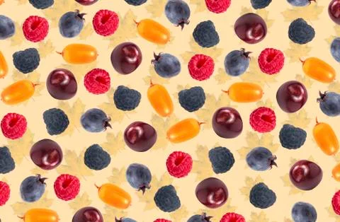 Autumn pattern. Different and multicolored ripe sweet forest berries on a lig Stock Photos