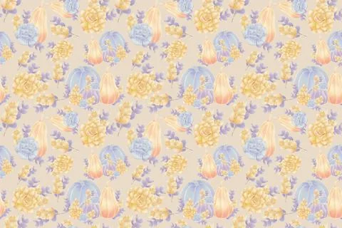 Autumn pattern for fabric from illustrations of warm flowers, pumpkins, succu Stock Illustration