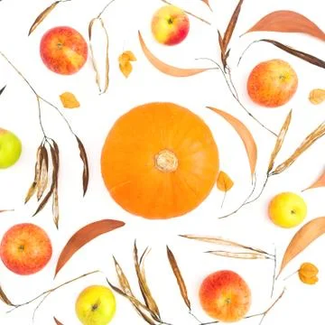 Autumn pattern with fall leaves and apple fruits on white background. Flat la Stock Photos