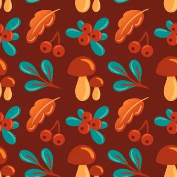 This autumn pattern features mushrooms, leaves, and berries, capturing the Stock Illustration