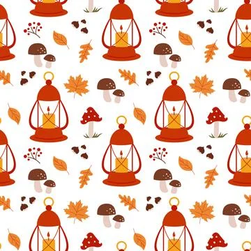Autumn pattern with forest mushrooms, lantern and autumn leaves 스톡 일러스트