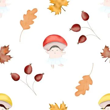 Autumn pattern with fun mushrooms. seamless pattern for baby textile, wrapping Illustrazione stock